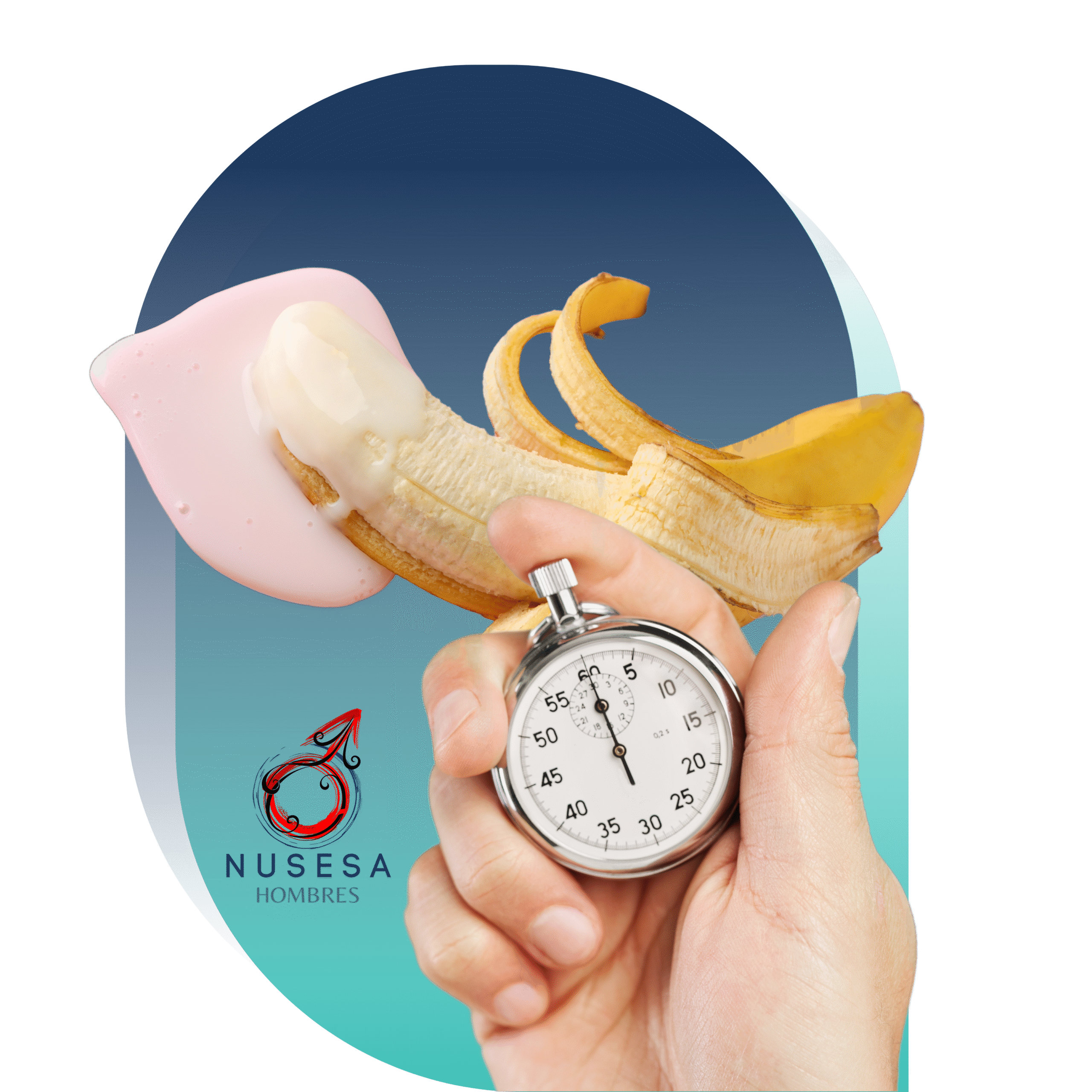 Mano masculina sujetando un reloj despertador, con una figura femenina en actitud erótica flotando sobre él, simbolizando la presión del tiempo y la ansiedad sexual relacionadas con la eyaculación precoz.